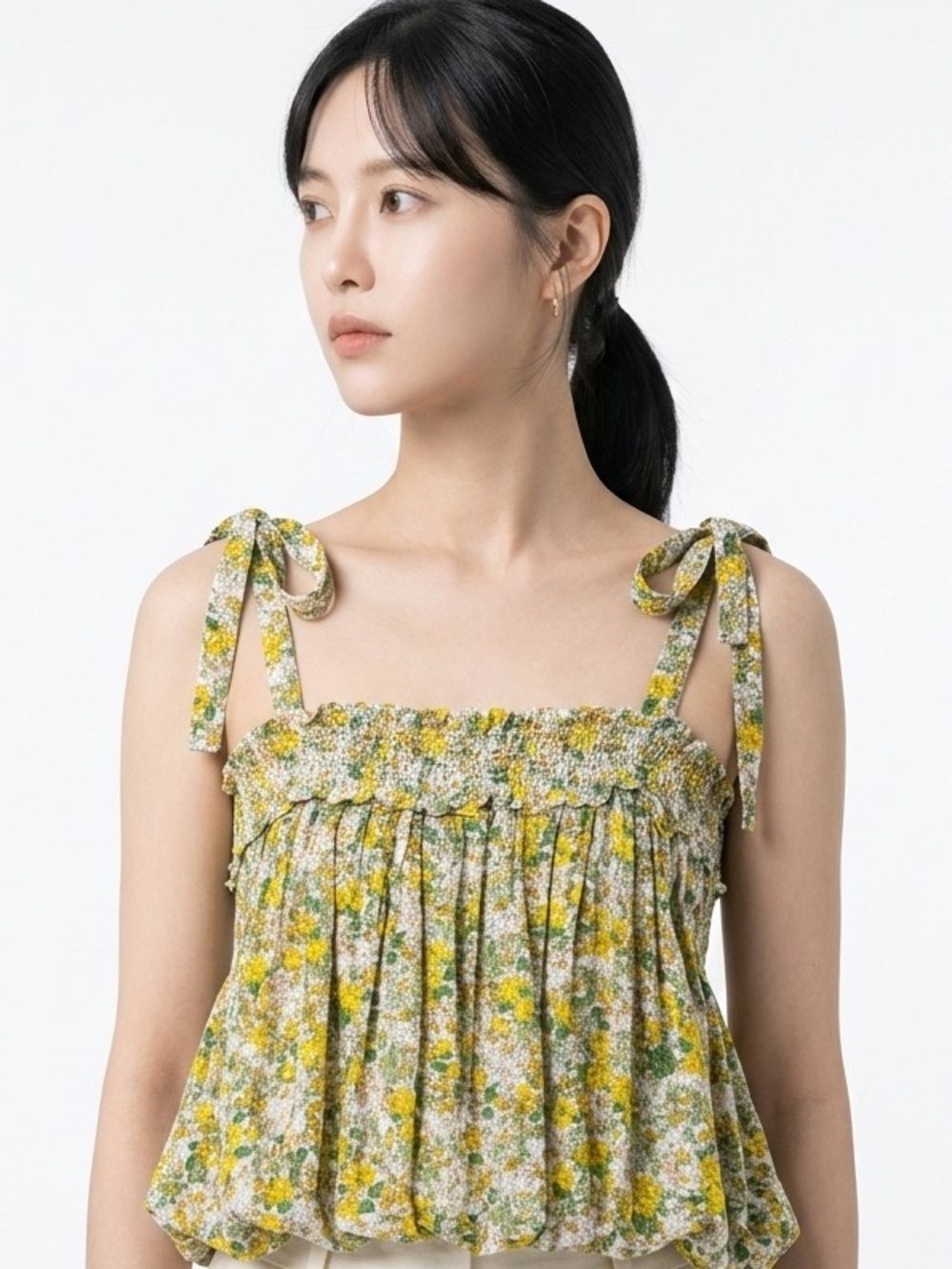 RACHEL ZOE | Floral Tie-Shoulder Smocked Tank Top Yellow Green Women’s Size M
